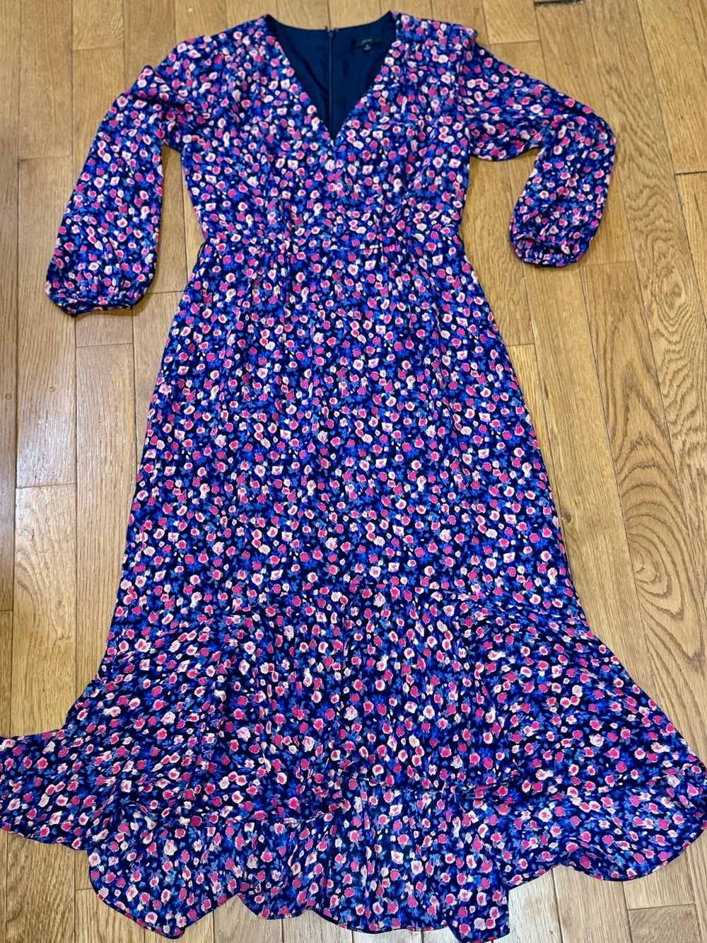 J. Crew Navy Floral Midi Dress with Pink and White Blossoms